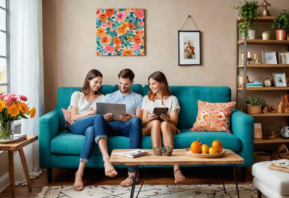 A whimsical scene of a couple joyfully shopping online on a cozy couch, surrounded by beautiful local treasures like artisanal products and flowers. Create a blend of modern digital gadgets and charming local shop elements, with soft lighting and warm colors to evoke a romantic atmosphere. Include icons representing discounts and deals floating around them. super-realistic. vibrant colors. cozy ambiance.