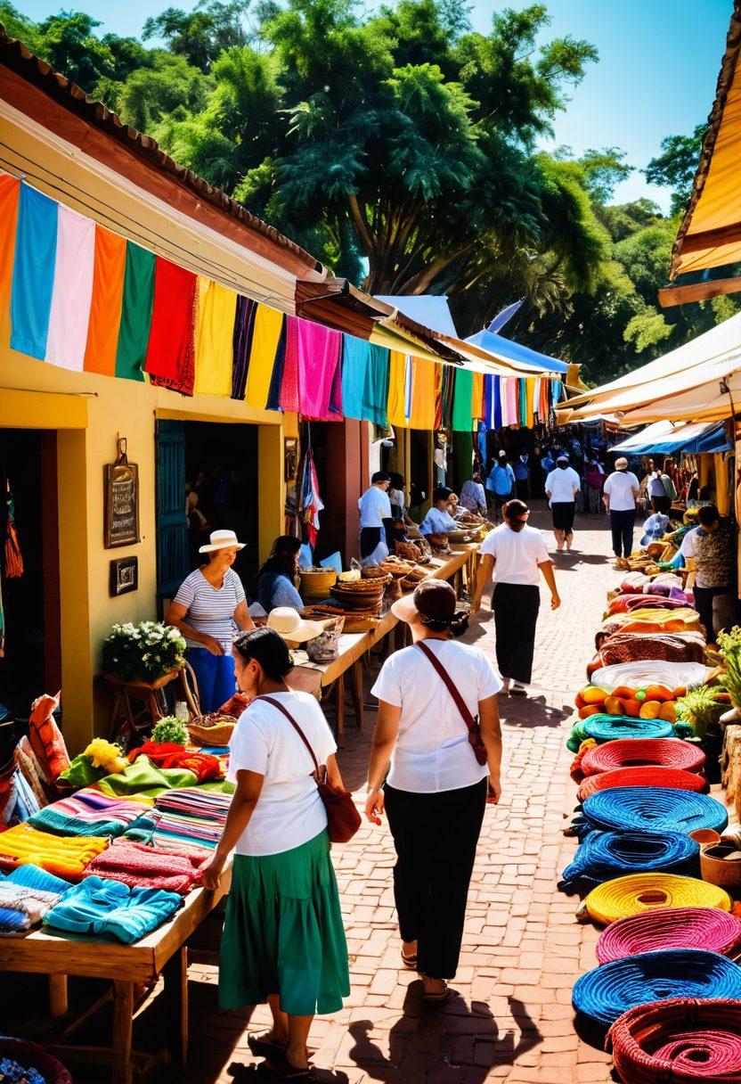 A vibrant marketplace scene in Paraguay showcasing an array of colorful local crafts, unique gifts, and artisanal products. Include cheerful shoppers interacting with local vendors, surrounded by lush greenery and traditional Paraguayan architecture in the background. Soft sunlight filtering through banners and displays adds warmth to the atmosphere. Enhance it with playful details like traditional music instruments and food samples to inspire a sense of community. super-realistic. vibrant colors. 3D.