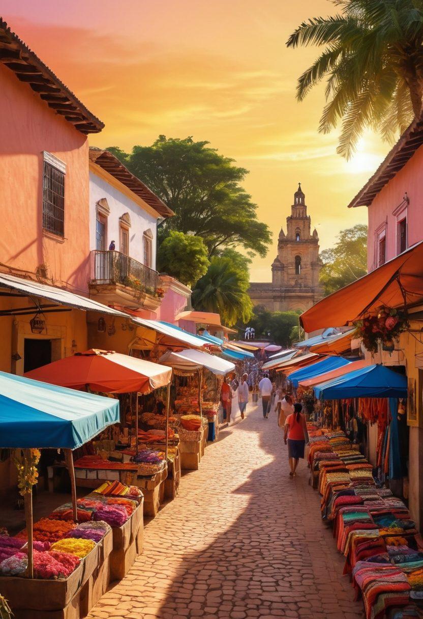 A picturesque marketplace in Paraguay, showcasing vibrant handcrafted goods including colorful textiles and artisanal jewelry, with couples joyfully shopping and celebrating love amidst flower decorations and heart motifs. Highlight a warm sunset backdrop and local vendors sharing stories. super-realistic. vibrant colors. watercolor style.